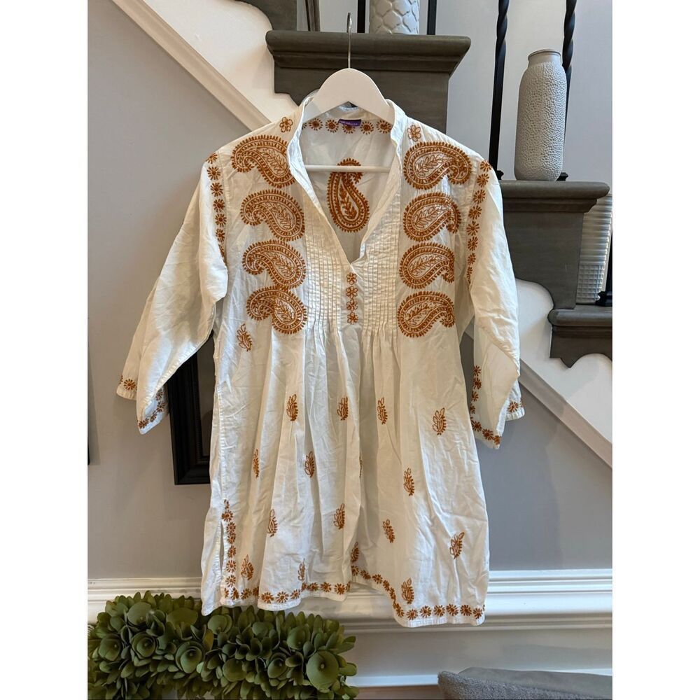 Sevya Handmade White Pinktuck & Rust Embroidered Tubic Boho sz M EUC